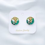 گوشواره میناکاری سبز قاب گل رز استیل