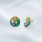 گوشواره میناکاری سبز قاب گل رز استیل