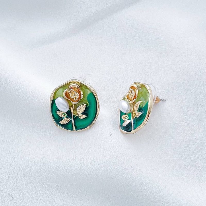 گوشواره میناکاری سبز قاب گل رز استیل