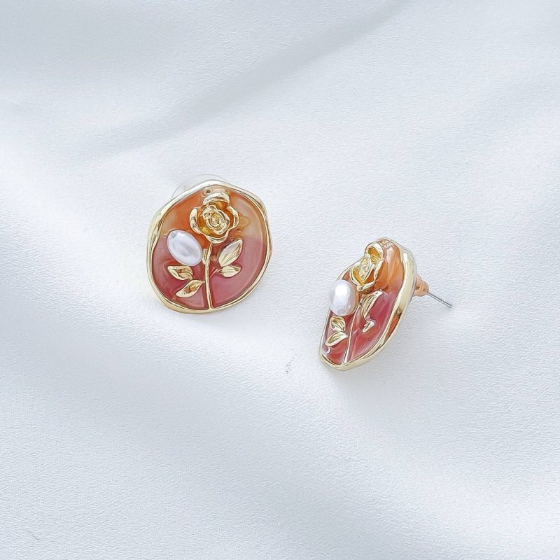 گوشواره میناکاری یاسی قاب گل رز استیل