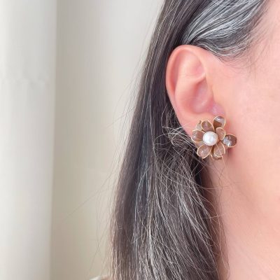 گوشواره میناکاری شکلاتی گل بهاری استیل