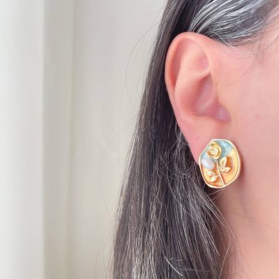 گوشواره میناکاری فیروزه ای قاب گل رز استیل