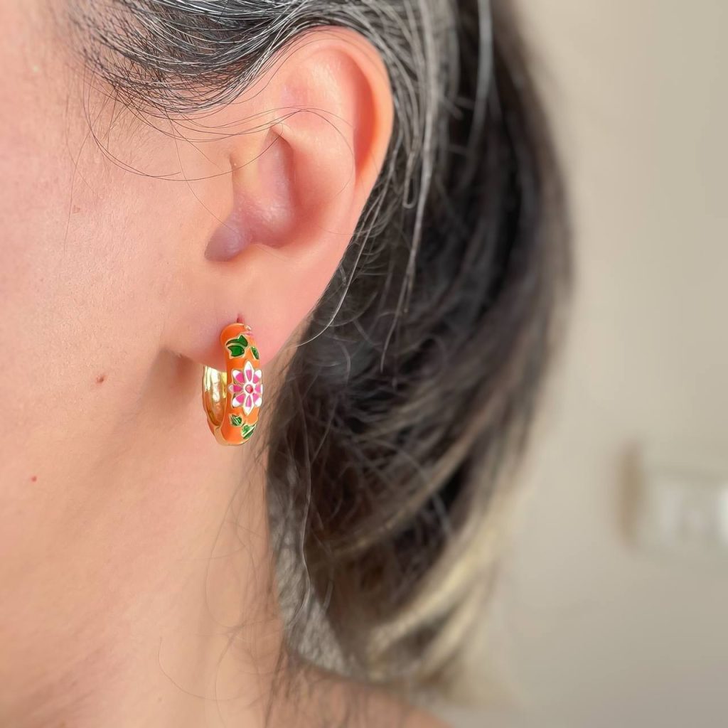 گوشواره حلقه ای میناکاری نارنجی استیل