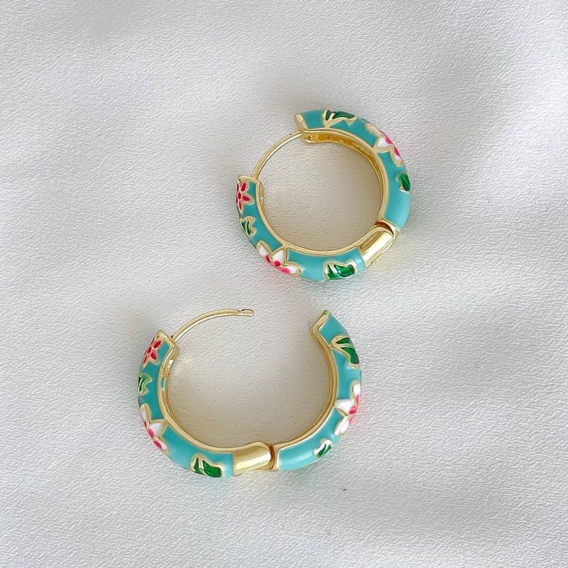 گوشواره حلقه ای میناکاری فیروزه ای استیل