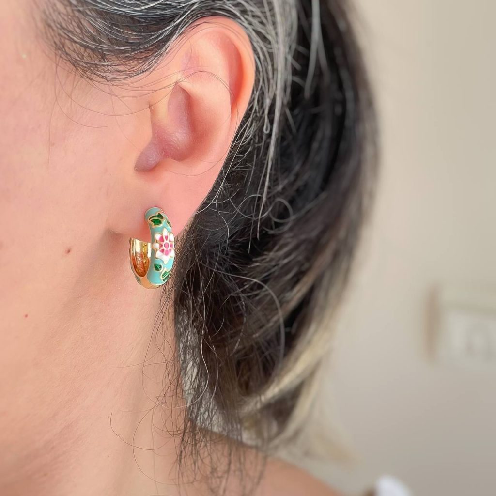 گوشواره حلقه ای میناکاری فیروزه ای استیل