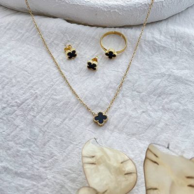 سرویس کامل ونکلیف مشکی گل ریز استیل (گردنبند تک گل)